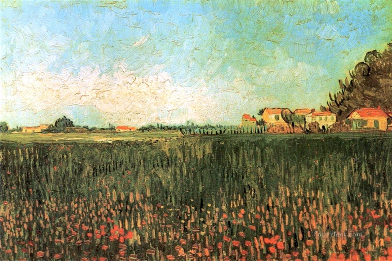 Farmhouses in a Wheat Field Near Arles Vincent van Gogh scenery Oil Paintings